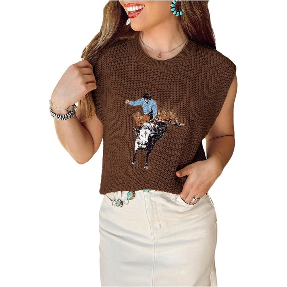 Women's Coffee Brown Western Embroidered Crew Neck Cap Sleeve Pullover Sweater